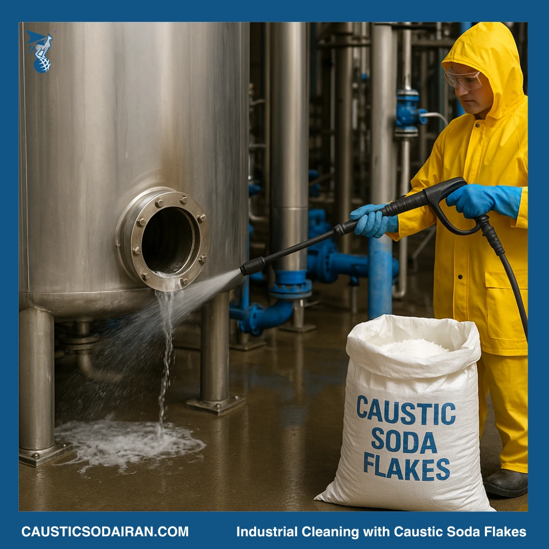 Industrial cleaning with caustic soda flakes